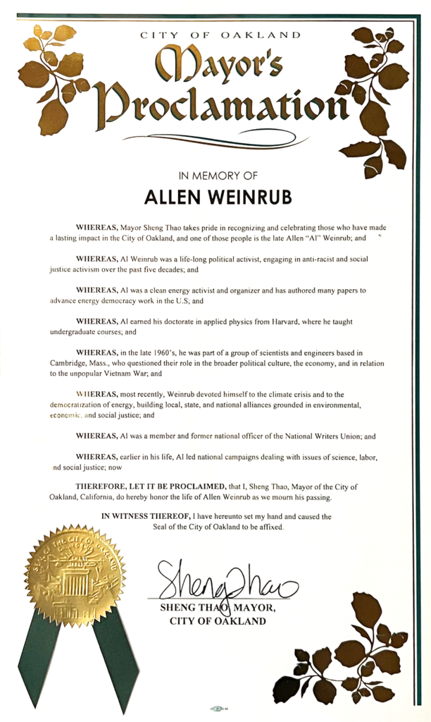 City of Oakland Mayor's Proclamation in memory of Al Weinrub